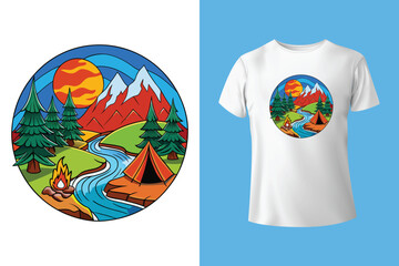 Camping t-shirt design. Adventure t-shirt design vector. Outdoor t-shirt design. Made with mountain, silhouette, trees, retro, vintage, grunge style. Design for nature lover tee |