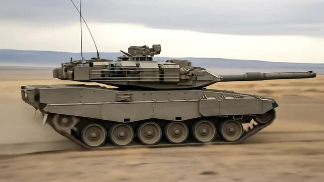 A modern Leopard 2 main battle tank maneuvers at speed across a vast desert landscape during military exercises, showcasing its power and mobility.