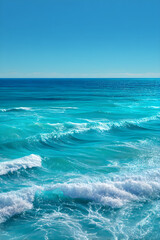 Infinite Turquoise: Capturing the Mesmerizing Dance of Ocean Waves Under Azure Skies with Shimmering Sunlit Crests
