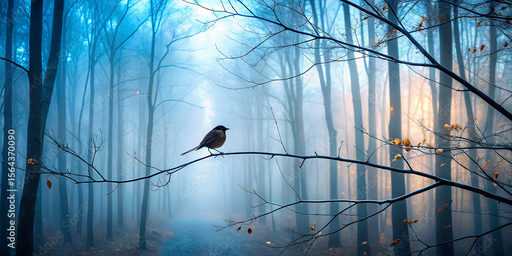 Poster in a misty forest at dawn, a solitary bird sits on a bare branch. soft light filters through the tre