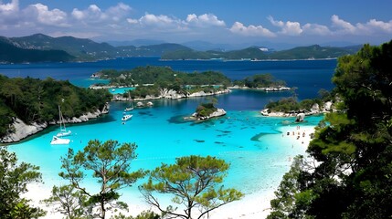 Naklejka premium Captivating turquoise bay view with islands and boats under a vibrant blue sky landscape
