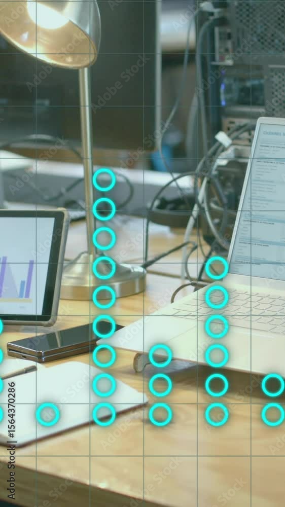 Poster animation of countdown and graph processing data over laptop and tablet on office desk