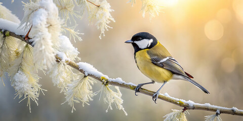 A bright yellow and black bird sits on a snow-covered branch surrounded by frosty leaves. The tranquil morning light creates a serene atmosphere, emphasizing winter's beauty