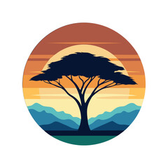 African Savanna Sunset Landscape Illustration, Acacia Tree Silhouette, Vibrant Horizon Vector