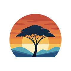 African Savanna Sunset Landscape Illustration, Acacia Tree Silhouette, Vibrant Horizon Vector