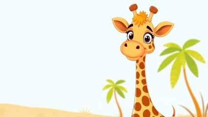 Fototapeta premium Cartoon Giraffe Portrait with Palm Trees on a Sunny Day Illustration