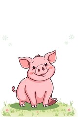 Fototapeta premium Adorable Cartoon Piglet Sitting on Green Grass, Smiling Happily
