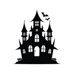  Black Haunted House Silhouette, Spooky Halloween Mansion, Creepy Castle with Bats Vector
