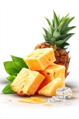 Pineapple chunks, ice, and leaves