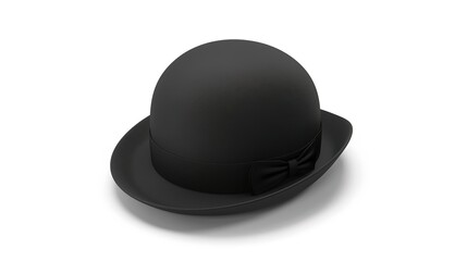 A black bowler hat stands alone on a clean white background, presenting a simple and classic accessory - related scene that showcases the unique shape and dark color of the bowler hat.