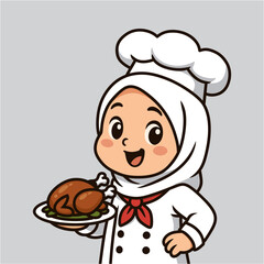cute little female chef wearing hijab
carrying roast chicken