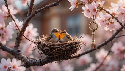 Two birds cozy together in their nest among vibrant cherry blossoms, as a golden key dangles from a nearby branch during a serene sunset moment
