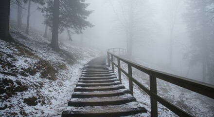 Serene winter pathway winding through a foggy forest, inviting exploration amidst tranquil nature