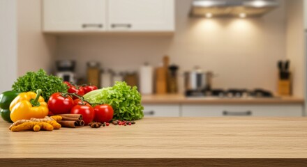Blur an empty wooden table with fresh vegetables and spices to cook on the kitchen - area background for you to edit the product. Ai generate, Ai Generative