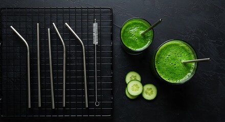 flat lay : reusable straw set on a rack 