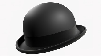 Fototapeta premium A black bowler hat stands alone on a clean white background, presenting a simple and classic accessory - related scene that showcases the unique shape and dark color of the bowler hat.