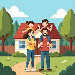 Happy family with two children on shoulders in front of a house and garden