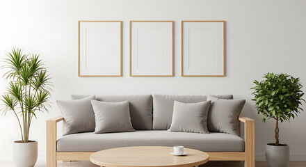 Minimalist living room with blank framed art above a modern sofa and plants