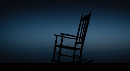 A solitary rocking chair silhouetted against a gradient blue background, evoking tranquility and nostalgia