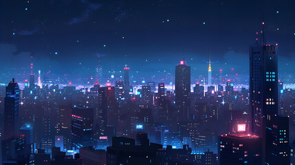 Fototapeta premium Cityscape illuminated with neon lights under a starry night sky with tall buildings and skyscrapers