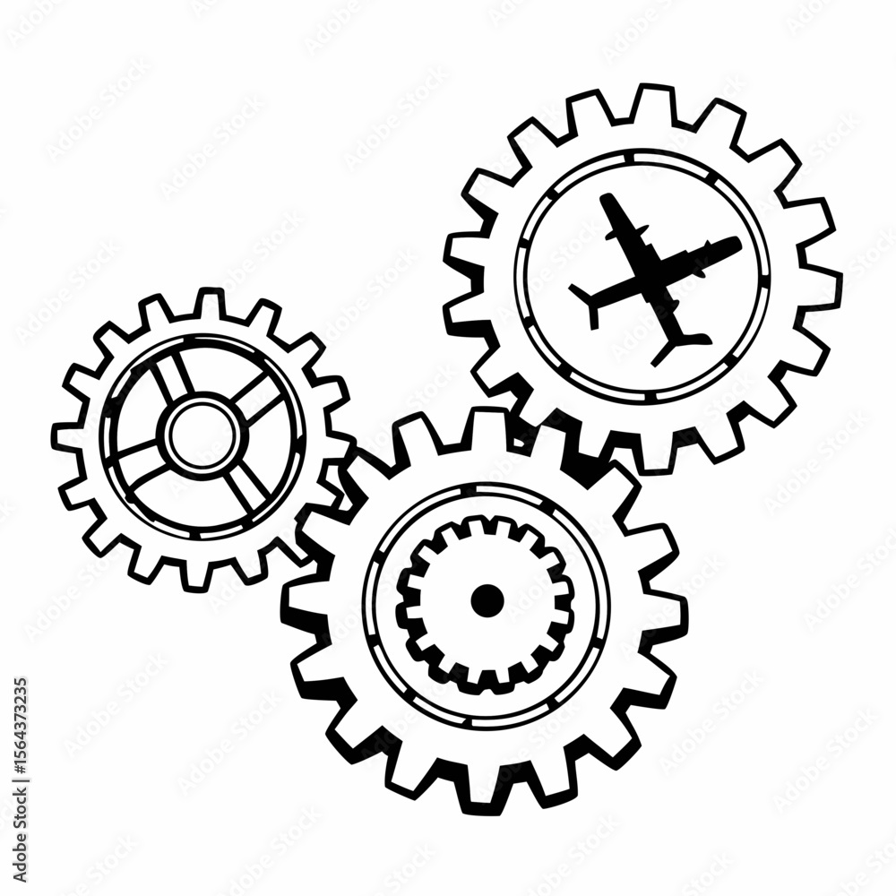 Poster three interconnected gears with an airplane inside one, isolated on white background