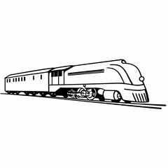 A vintage passenger train locomotive on the tracks, isolated on white background