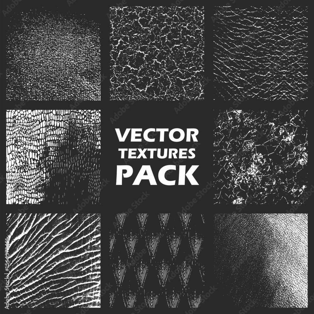 Poster a dark grey background displays a grid of nine square white textures with varying patterns and textu