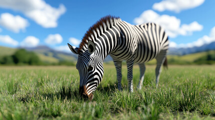 Photorealistic image of zebra grazing on grass in vibrant landscape, showcasing its striking black and white stripes