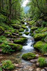 Obraz premium Lush mountain stream cascading over rocks