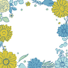 線画のヒマワリフレーム素材。夏のヒマワリ背景。ひまわりと植物の夏フレーム。Line drawing sunflower frame. Summer sunflower background. Summer frame with sunflowers and plants.