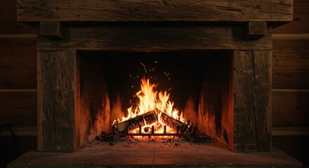 Cozy fireplace with crackling firewood, warm glow illuminating rustic wooden cabin interior