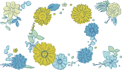 Gordijnen Trendy bloemen 線画のヒマワリフレーム素材。夏のヒマワリ背景。ひまわりと植物の夏フレーム。Line drawing sunflower frame. Summer sunflower background. Summer frame with sunflowers and plants.  © necomammma