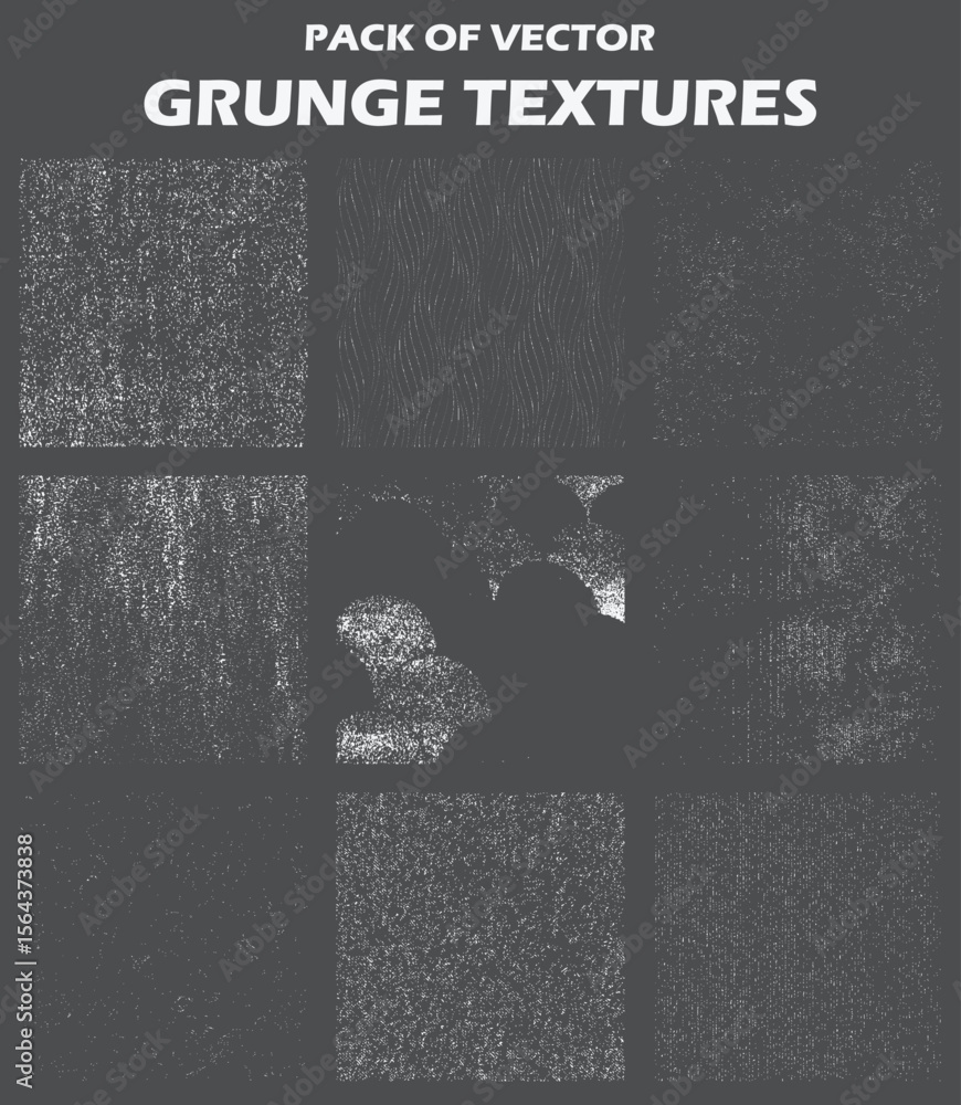 Poster graphic displays 9 pixelated grunge textures with varying patterns in black and white set against a 