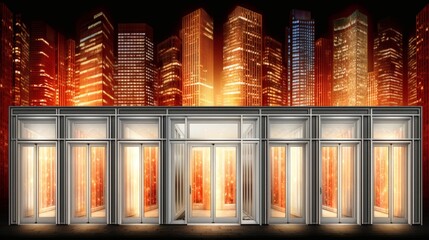 Building Entrance with Glass Doors and City Skyline