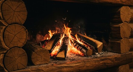 Cozy fireplace with crackling logs and glowing embers in a rustic wooden cabin setting