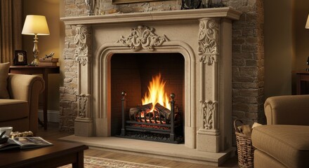 Cozy living room with a warm fireplace, elegant decor, and soft lighting creating a serene atmosphere