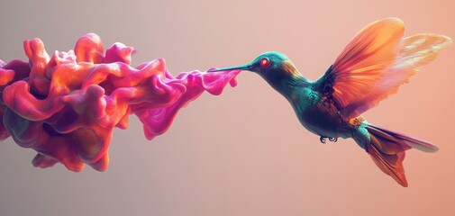 Obraz premium A vibrant hummingbird gracefully drinks nectar from a colorful flower, showcasing nature's beauty and delicacy.