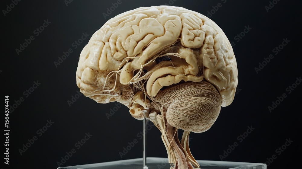 Poster detailed anatomical model of a human brain, showcasing its intricate structure and neural pathways o