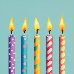 Five Colorful Birthday Candles with Lit Flames Made with generative AI