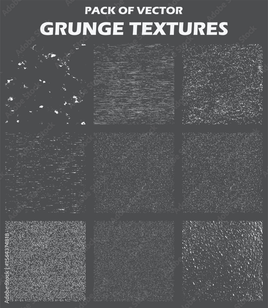 Poster pack of nine vector grunge textures in a square grid on a gray background with title text