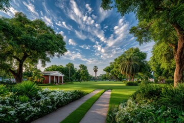 Lush parkland with pathway