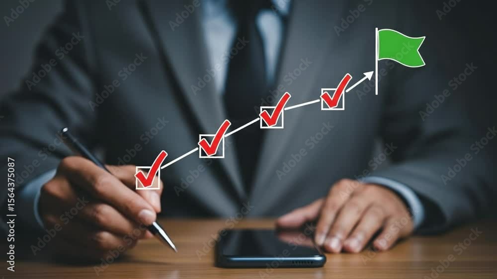 Poster a business person points at a checklist with a pen and a phone on the table with a green flag