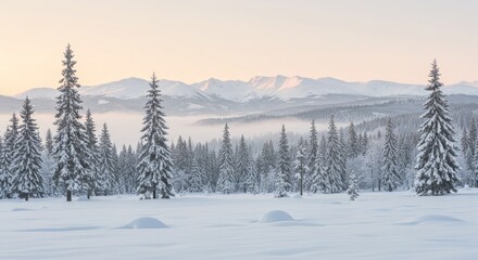 Fototapeta premium Snowy mountain landscape with pine forest