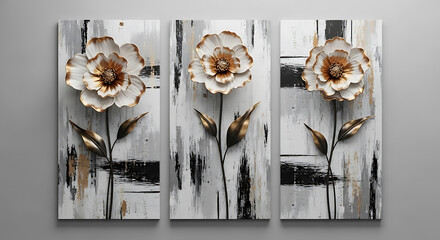 Elegant floral artwork depicting three dimensional flowers against abstract textured backgrounds