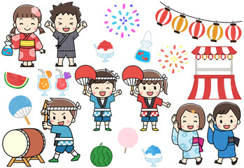 夏祭りを楽しむ浴衣と法被を着た子供たちのイラストセット