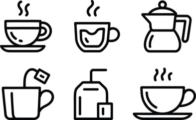 Black and White Coffee and Tea Drink Icons with Steam and Saucers