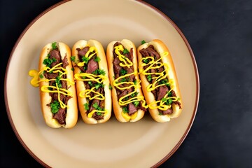 Four Delicious Hot Dogs on Plate: Mustard, Parsley, and Sausage in Buns. Tasty Fast Food, Top View. Culinary Photography.