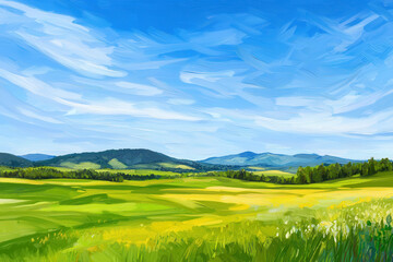 Obraz premium Vibrant digital painting of serene landscape featuring rolling hills, lush green fields, and bright blue sky. scene evokes
