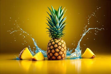Fresh Pineapple Still Life: Juicy Tropical Fruit with Water Splash on Yellow Background - High Resolution Stock Photo