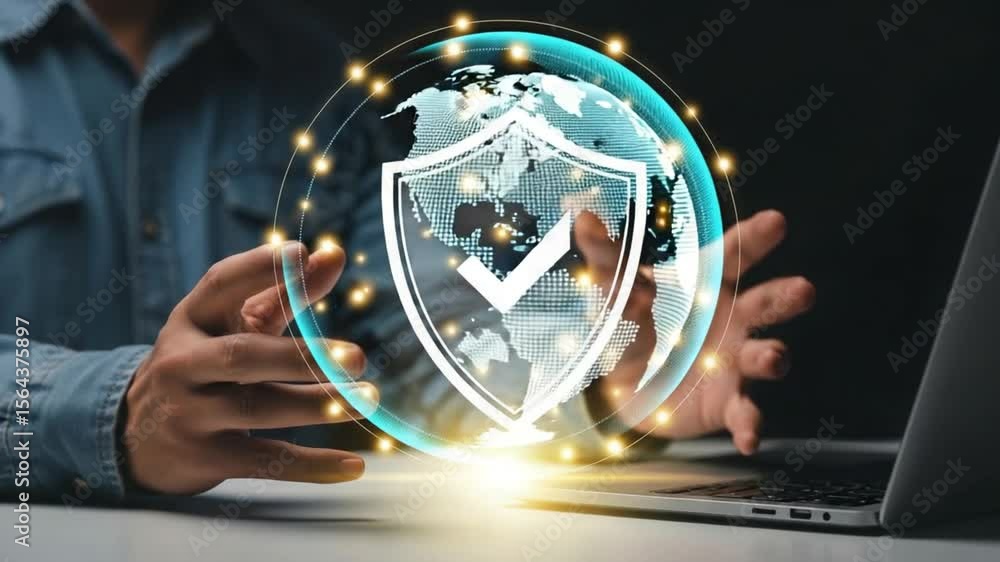 Poster a person using a laptop with a digital globe and shield overlay for secure online transactions